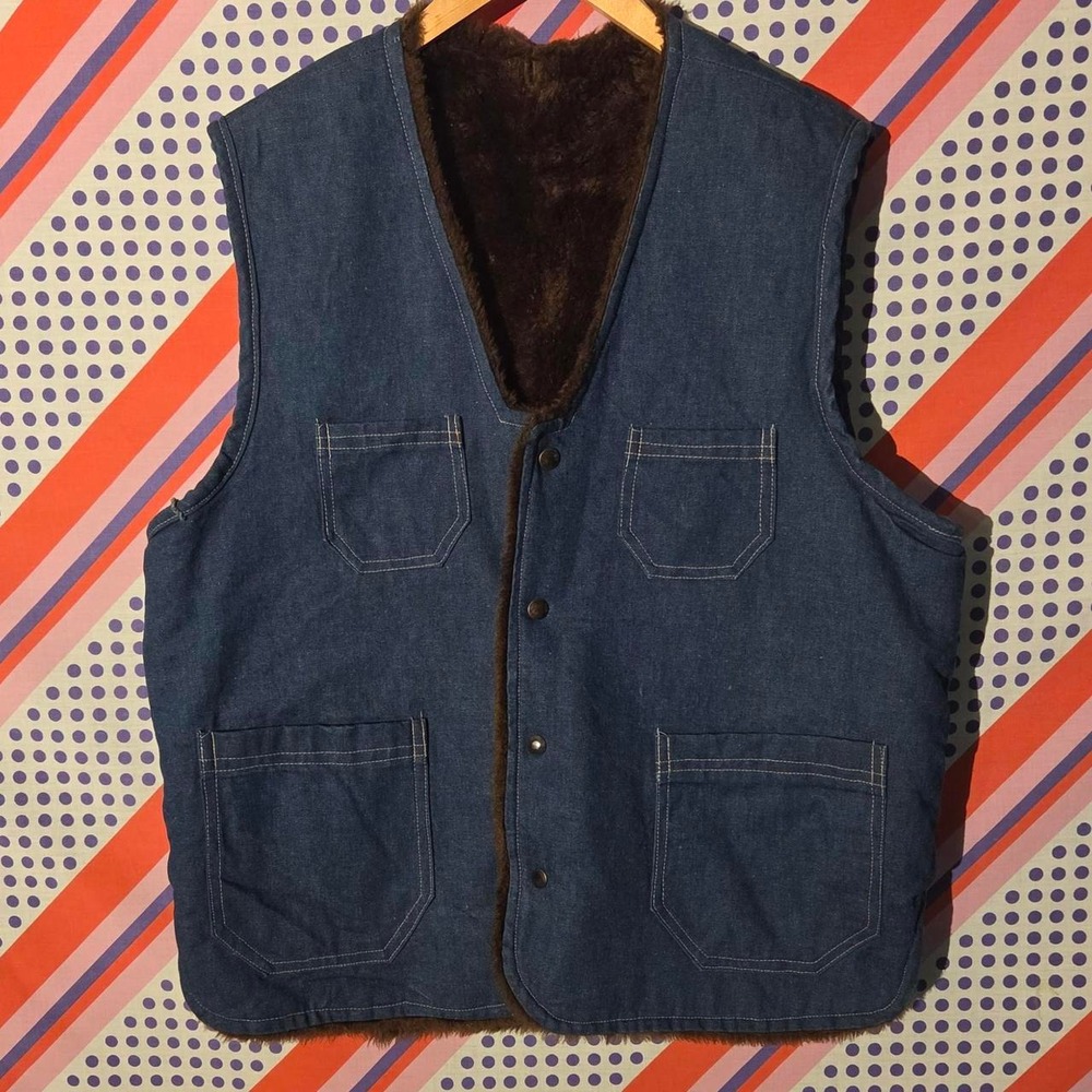 Vintage 70s Denim Vest Faux Fur Lined Western Boho Blue Brown XL